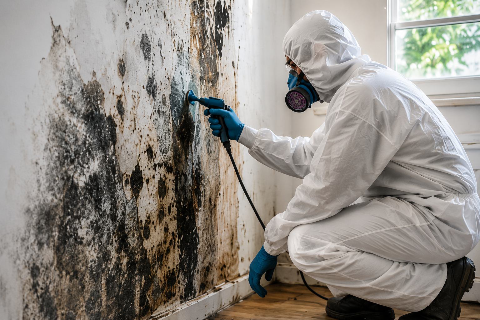 Professional mold remediation specialist in protective suit