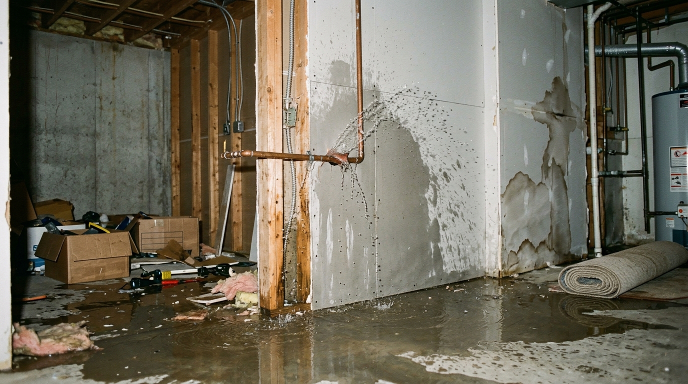 Burst water pipe causing basement mold