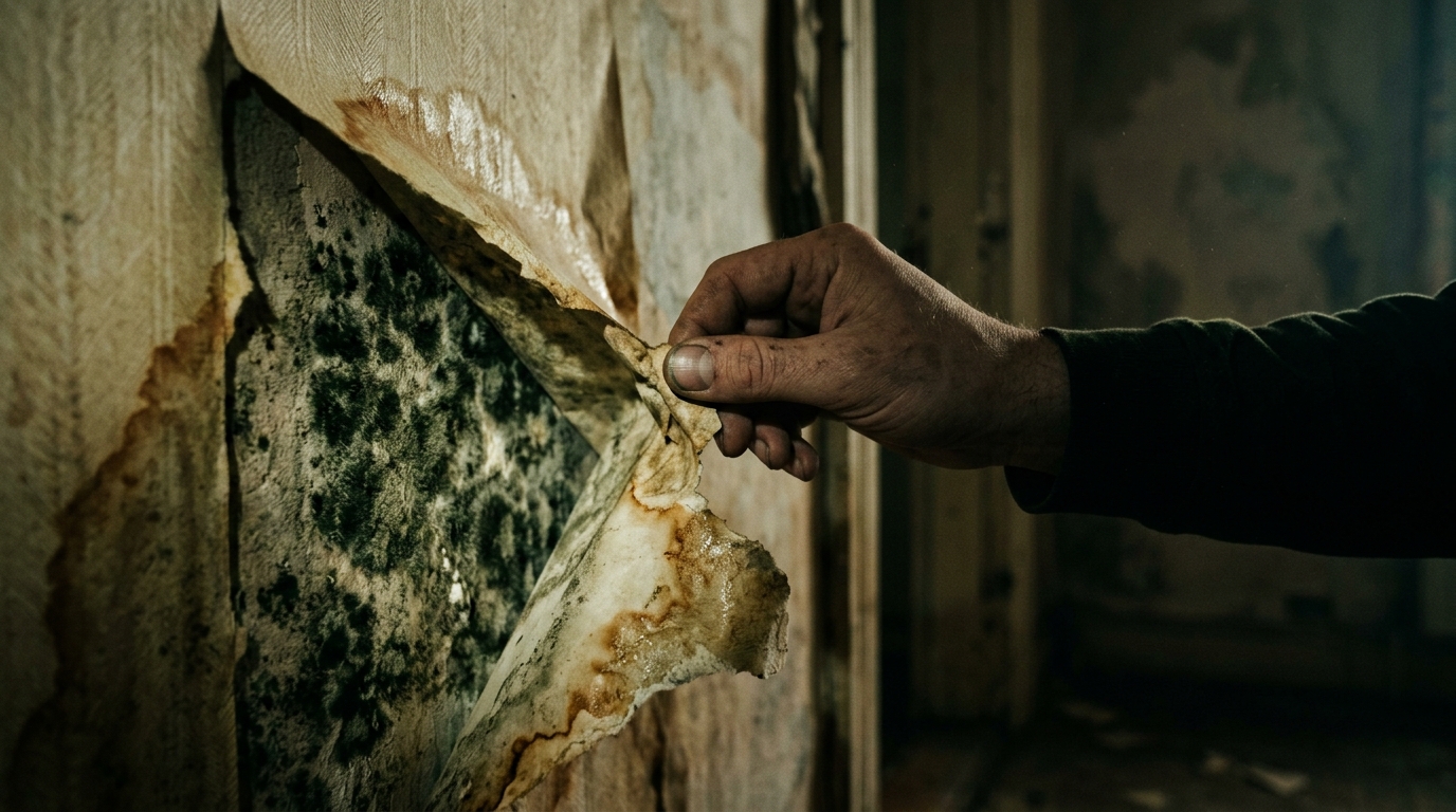 Peeling wallpaper revealing hidden mold