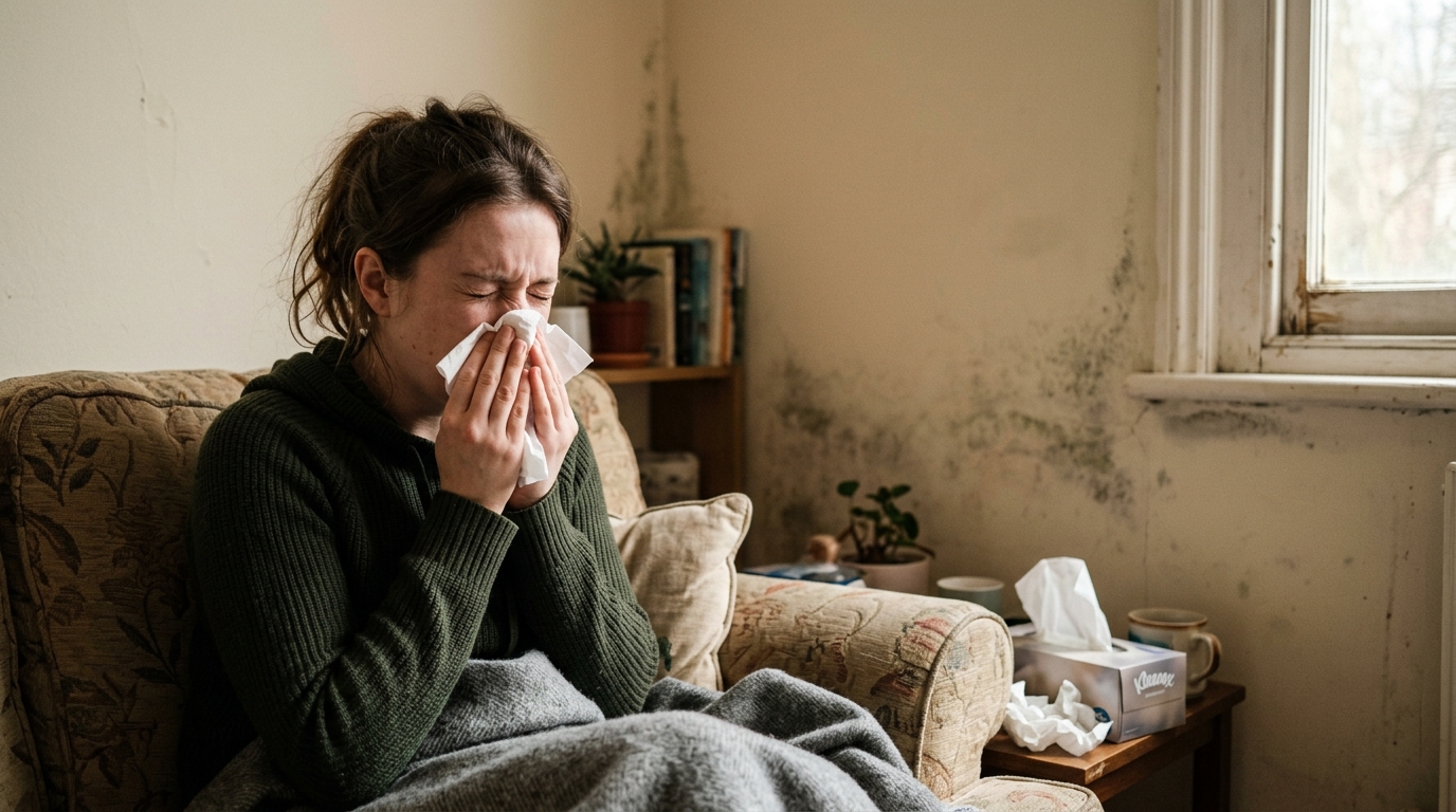 Person experiencing mold allergies at home